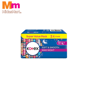 KOTEX SOFT & SMOOTH OVERNIGHT WING 32CM SUPER VALUE PACK (3 X 12 PIECES)