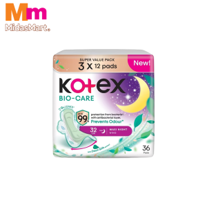 KOTEX NATURAL CARE ANTI-BACTERIAL OVERNIGHT VALUE PACK (3 X 12'S)